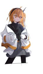 1girl a.i._voice adachi_rei black_shirt cowboy_shot cropped_legs gloves grey_skirt hair_ribbon highres jacket long_sleeves medium_hair miniskirt molmax0710 off_shoulder orange_eyes orange_hair pleated_skirt ribbon shirt simple_background skirt solo standing utau white_background white_gloves white_jacket