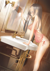 1girl artist_name bathroom blush breasts brown_hair covered_erect_nipples dutch_angle female_focus fog grey_eyes highres indoors interior lamp leaning_forward long_hair looking_at_mirror medium_breasts mirror original panties pink_panties reflection running_bond see-through_clothes shiny_skin side-tie_panties sink skindentation solo standing steam throtem underwear underwear_only washbowl wooden_floor