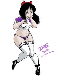 10s 1girl 2017 black_footwear black_hair bow breasts brown_eyes dated erik96 glasses hair_bow hand_on_own_cheek hand_on_own_face long_hair looking_at_viewer medium_breasts midriff navel panties ponytail purple_panties purple_shirt shirt shoes short_sleeves smile standing striped_clothes striped_panties thighhighs underwear white_background white_panties white_shirt white_thighhighs