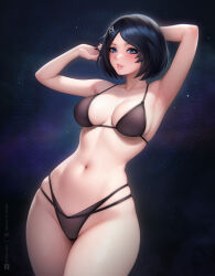 1girl absurdres anna_o_renko armpits arms_up artist_name bikini black_bikini black_hair black_nails blue_eyes breasts commentary dark_background discord_logo english_commentary hair_ornament highres large_breasts lips looking_at_viewer nail_polish navel original parted_lips short_hair solo stomach swimsuit twitter_x_logo variant_set