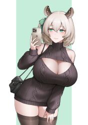 1girl absurdres animal_ears bag black_bag black_sweater breasts cleavage cleavage_cutout closed_mouth clothing_cutout earrings green_eyes green_ribbon hair_ribbon hand_on_own_thigh handbag heart heart_earrings highres holding holding_phone indie_virtual_youtuber jewelry large_breasts long_sleeves mole mole_on_breast nimi_nightmare phone pink_nails ribbon ring second-party_source short_hair shoulder_cutout solo sweater tapir_ears tapir_girl thighhighs turtleneck turtleneck_sweater virtual_youtuber yubaest