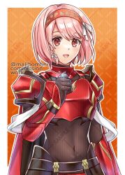 1girl armor braid commission fire_emblem fire_emblem_engage grey_hairband hair_ribbon hairband highres lapis_(fire_emblem) looking_at_viewer maji_(majibomber) navel nintendo open_mouth pink_eyes pink_hair red_armor red_hairband ribbon side_braid smile solo two-tone_hairband vgen_commission white_ribbon
