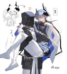 ! ... 1boy 1other absurdres arknights black_coat black_gloves black_shirt carrying chibi chibi_inset coat commentary_request doctor_(arknights) eve_(meltdown) feet_out_of_frame full_body gloves grey_hair hand_on_another&#039;s_ass head_wings highres holding holding_wand hood hood_up hooded_coat horns logos_(arknights) long_hair looking_at_another magic mask nervous_sweating pants pointy_ears princess_carry red_eyes shirt shoes sparkle spoken_ellipsis sweat translation_request twitter_username wand white_pants white_shirt white_shoes wings