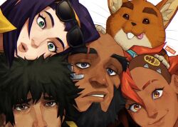 Rule 34 | 2boys, 2girls, ashe (overwatch), blue eyes, breikka, cassidy (overwatch), cosplay, cowboy bebop, dark-skinned female, dark skin, edward wong hau pepelu tivrusky iv, ein (cowboy bebop), faye valentine, green eyes, hammond (overwatch), jet black, lips, matching hair/eyes, mauga (overwatch), medium hair, mole, mole above mouth, mole under eye, multiple boys, multiple girls, orange eyes, orange hair, overwatch, overwatch 2, purple hair, scar, scar across eye, scar on face, sombra (overwatch), spike spiegel, sunglasses