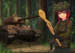 Rule 34 | 1girl, 2020, ammunition pouch, black gloves, blue eyes, bush, camouflage, caterpillar tracks, combat helmet, dirt road, forest, gloves, gun, gun sling, helmet, highres, holding, holding rocket launcher, holding weapon, keionspiral, load bearing vest, military vehicle, motor vehicle, mp40, nature, original, panzerfaust, pouch, road, rocket launcher, stahlhelm, submachine gun, t-34, tank, weapon