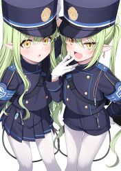 Rule 34 | 2girls, black hat, black jacket, black shorts, black skirt, black tail, blue archive, blush, demon tail, fang, gloves, green hair, hat, hikari (blue archive), nozomi (blue archive), highres, jacket, komori kuzuyu, long hair, long sleeves, multiple girls, open mouth, pantyhose, peaked cap, pleated skirt, pointy ears, shorts, sidelocks, simple background, skin fang, skirt, smile, tail, twintails, white background, white gloves, white pantyhose, yellow eyes