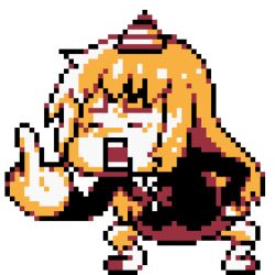 +tic_nee-san 1girl blonde_hair chibi closed_eyes genma_iroe hand_on_own_hip hat long_hair lowres middle_finger open_mouth pixel_art school_uniform solo standing teeth totototo transparent_background