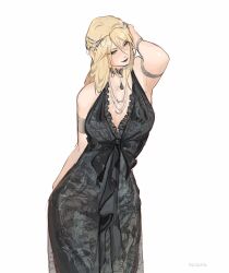 116116116el 1girl arm_at_side armlet bare_shoulders black_choker black_dress black_lips black_sash blonde_hair choker contrapposto cowboy_shot dress elden_ring fia_the_deathbed_companion frilled_dress frills hand_in_own_hair highres jewelry long_hair necklace plunging_neckline sash see-through_clothes signature solo standing white_background