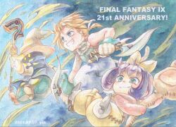 1girl 2boys anniversary bare_shoulders battle black_mage_(final_fantasy) blonde_hair blue_coat blue_pants boots bow brown_footwear coat cropped_vest dagger dual_wielding eiko_carol fighting_stance final_fantasy final_fantasy_ix green_eyes green_pants green_vest grin hair_bow hat holding holding_dagger holding_knife holding_staff holding_weapon horns knife low_ponytail monkey_tail multiple_boys overalls pants pink_sweater ponytail purple_hair short_hair single_horn smile staff striped_clothes striped_pants sweater tail teeth tongue tongue_out vest vivi_ornitier weapon wizard_hat wrist_cuffs yellow_bow yellow_eyes yellow_overalls yui_norimaki zidane_tribal
