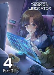 1girl agumon blush claws digimon digimon_liberator digitama egg female_focus kinosaki_arisa medium_hair official_art oficial_art sharp_teeth solo teeth v-pet
