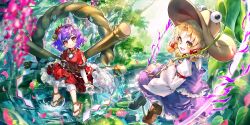 2girls aged_down blonde_hair blurry blush breasts brown_hat child closed_mouth depth_of_field falling_petals flower_request game_cg hair_ornament hair_ribbon hat highres layered_sleeves leaf_hair_ornament long_hair long_sleeves looking_at_viewer mirror moriya_suwako moriya_suwako_(moriya&#039;s_unofficial_tiny_god) multiple_girls official_art onbashira open_mouth outdoors petals pink_petals purple_hair purple_skirt purple_vest red_eyes red_ribbon renta_(deja-vu) ribbon rope sandals shide shimenawa short_over_long_sleeves short_sleeves sitting skirt skirt_set smile third-party_source touhou touhou_lostword tress_ribbon vest water wide_sleeves yasaka_kanako yasaka_kanako_(moriya&#039;s_official_tiny_god) yellow_eyes