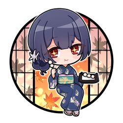 1girl blue_hair blue_kimono blush_stickers chibi dango eating floral_print flower food hair_between_eyes hair_bun hair_flower hair_ornament holding holding_food idolmaster idolmaster_shiny_colors invisible_chair japanese_clothes kimono leaf long_sleeves looking_at_object looking_at_viewer maple_leaf morino_rinze obi print_kimono red_eyes sasaba_enu sash shouji sidelocks sitting sliding_doors smile solo sparkling_eyes wagashi