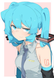 Rule 34 | abmayo, bare shoulders, blue eyes, blue hair, collarbone, collared shirt, detached sleeves, hair ornament, hatsune miku, highres, looking at viewer, necktie, shirt, shoulder tattoo, simple background, smile, tattoo