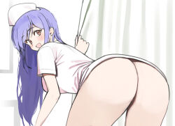 1girl ass bent_over blush bottomless breasts curtains dress hat highres large_breasts long_hair looking_at_viewer looking_back nurse nurse_cap open_mouth orange_eyes original purple_hair short_sleeves smile solo twin_(tt_lsh) white_background white_dress