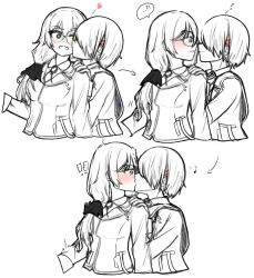 2girls abroquse breasts glasses green_eyes hair_ornament hair_over_one_eye hair_over_shoulder hairclip heaven_burns_red highres izumi_yuki_(heaven_burns_red) jacket kayamori_ruka kiss long_hair long_sleeves low-tied_long_hair multiple_girls multiple_views partially_colored red_eyes round_eyewear shirt short_hair white_shirt yuri