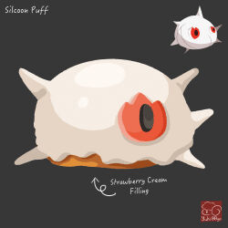 arrow_(symbol) artist_logo artist_name character-themed_food character_name cream_puff food food_focus food_name gen_3_pokemon grey_background highres icing logo nintendo no_humans pokemon pokemon_(creature) silcoon simple_background yuki00yo