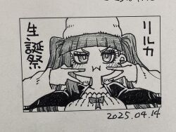 1girl 2025 :&lt; alternate_breast_size black_dress bleach blush breasts chibi dated dokugamine_riruka dress fingernails hanya_(hanya_yashiki) hat large_breasts long_hair looking_at_viewer monochrome nail_polish photo_(medium) puffy_cheeks simple_background solo traditional_media tsundere twintails very_long_hair white_background