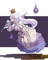 1girl @_@ absurdres artist_request boo_(mario) breasts claw_pose colored_tongue crown dress fire floating full_body gloves highres large_breasts long_hair long_tongue luigi&#039;s_mansion mario_(series) new_super_mario_bros._u_deluxe nintendo open_mouth pink_eyes princess_king_boo purple_background purple_fire purple_tongue sharp_teeth skirt smile super_crown teeth tongue white_dress white_hair