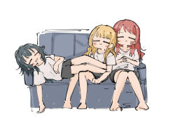 3girls :3 =_= bare_arms bare_legs barefoot black_shorts blonde_hair blush commentary_request couch drooling fujita_kotone gakuen_idolmaster green_hair hair_flaps hanami_saki idolmaster lying lying_on_person mouth_drool multiple_girls nisankatanso_hakushaku on_back on_couch own_hands_together red_hair shirt shorts sitting sleeping smile t-shirt tsukimura_temari white_shirt