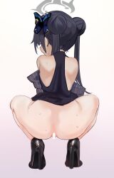 Rule 34 | 1girl, ass, back, black footwear, black hair, blue archive, butterfly hair ornament, censored, china dress, chinese clothes, clothes lift, double bun, dress, dress lift, hair bun, hair ornament, halo, high heels, highres, kisaki (blue archive), lifting own clothes, long hair, marisayaka, no anus, no panties, pussy, simple background, solo, squatting, sweat, twintails, white background