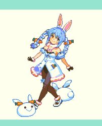 1girl animal_ear_fluff animal_ears animated animated_gif black_gloves blue_hair braid breasts brown_eyes don-chan_(usada_pekora) dress food-themed_hair_ornament fur_trim gloves hair_ornament hololive long_hair lowres multicolored_hair open_hands open_mouth pantyhose pekomon_(usada_pekora) pixel_art rabbit_ears rabbit_girl small_breasts smile solo_focus tengu_nouzu thigh_strap twin_braids usada_pekora usada_pekora_(1st_costume) v-shaped_eyebrows virtual_youtuber walking white_dress white_hair