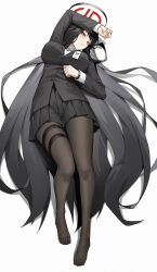 1girl arm_on_own_head arm_up black_hair black_jacket black_pantyhose black_skirt blue_archive breasts clock full_body halo highres jacket large_breasts long_hair looking_at_viewer lying no_shoes on_back pantyhose pleated_skirt rio_(blue_archive) shi_ling_fangcheng simple_background skirt solo suit_jacket thigh_strap toes watch white_background wristwatch
