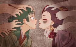 Rule 34 | 2girls, absurdres, artist name, closed eyes, closed mouth, earrings, from side, grabbing another&#039;s hair, green eyes, green hair, hair ornament, hair stick, hand on another&#039;s neck, highres, jewelry, kusuriya no hitorigoto, looking back, maomao (kusuriya no hitorigoto), multiple girls, portrait, profile, shisui (kusuriya no hitorigoto), sukiii (skiisuu), wide-eyed