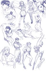 Rule 34 | 1990s (style), 6+boys, 6+girls, alternate costume, angry, bodysuit, braid, cammy white, capcom, capcom fighting jam, chinese clothes, chun-li, cody travers, collage, double bun, dress, fei long, fighting, final fight, garrison cap, guy (final fight), hair bun, hair ribbon, hairpods, hat, highres, ibuki (street fighter), ingrid (capcom), kanzuki karin, kasugano sakura, knees, legs, leotard, mary janes, monochrome, multiple boys, multiple girls, retro artstyle, ribbed leotard, ribbon, ringlets, robaato, ryu (street fighter), school uniform, serafuku, shoes, sketch, smile, street fighter, street fighter i, street fighter ii (series), street fighter iii (series), street fighter zero (series), topless male, twin braids, yang lee, yun lee