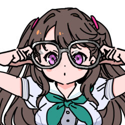 Rule 34 | 1girl, aqua neckerchief, blue dress, blush stickers, breasts, commentary request, dress, fujishima megumi, grey-framed eyewear, hasu no sora school uniform, holding, holding removed eyewear, large breasts, link! like! love live!, love live!, neckerchief, puffy short sleeves, puffy sleeves, purple eyes, sailor collar, sailor dress, school uniform, shinanoya (satanicad), short sleeves, simple background, solo, summer uniform, tsukine kona, unworn eyewear, upper body, virtual youtuber, voice actor connection, white background, white sailor collar