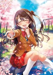 1girl ^_^ blue_sky blurry blurry_background blush bow bowtie breasts brown_hair brown_jacket cherry_blossoms closed_eyes day dot_nose facing_viewer falling_petals floating_hair grass highres holding holding_petal idolmaster idolmaster_cinderella_girls idolmaster_cinderella_girls_starlight_stage jacket knees_apart_feet_together long_hair long_sleeves medium_breasts miniskirt musou_yuchi one_side_up open_mouth outdoors petals pleated_skirt reaching reaching_towards_viewer red_bow red_bowtie red_skirt school_uniform shimamura_uzuki shirt sitting skirt sky smile socks solo sparkle swing tree white_shirt white_socks