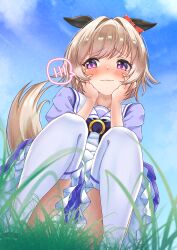 1girl absurdres animal_ears blush bow convenient_censoring curren_chan_(umamusume) ear_bow ear_covers frilled_skirt frills grass grey_hair hands_on_own_face highres horse_ears horse_girl horse_tail horseshoe_ornament looking_at_viewer outdoors purple_bow purple_eyes purple_sailor_collar purple_serafuku purple_shirt purple_skirt red_bow sailor_collar sailor_shirt school_uniform serafuku shirt short_hair skirt smile solo spoken_blush squatting tail thighhighs tracen_school_uniform umamusume umatoriinnnu white_thighhighs
