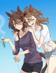 Rule 34 | 1girl, 2girls, :d, agnes tachyon (umamusume), ahoge, animal ears, blush, braid, brown hair, brown tail, closed eyes, collarbone, crossed bangs, denim, denim shorts, earrings, fang, hair between eyes, hair ornament, hairclip, half up braid, hands on another&#039;s shoulders, holding, holding test tube, horse ears, horse girl, horse tail, jewelry, jungle pocket (umamusume), looking at viewer, matoi sakuretsu, medium hair, multiple girls, navel, notched ear, open mouth, purple skirt, red eyes, shirt, shorts, sidelocks, signature, single earring, skirt, sky, smile, tail, test tube, tied shirt, umamusume, white hair, white shirt
