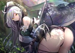 1girl ahoge alternate_breast_size arknights ass bare_shoulders breasts commentary_request crocodilian_tail highres hood kayjae large_tail long_hair medium_breasts pointy_ears silver_hair solo tail tomimi_(arknights)
