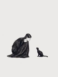 Rule 34 | 1girl, bent back, black hair, cat, full body, highres, long hair, looking at animal, original, simple background, solo, tp p pt, white background