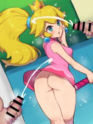 1girl 2boys aqua_eyes ass bar_censor blonde_hair censored chiwino commission crown cum dress earrings ejaculation from_behind highres jewelry large_variant_set male_masturbation mario_(series) mario_tennis masturbation multiple_boys nintendo no_panties parted_lips penis pink_dress pixiv_commission ponytail princess_peach racket short_dress sphere_earrings tennis_racket variant_set
