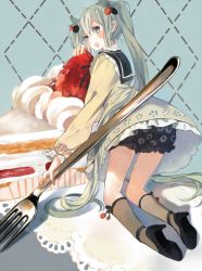 1girl bou_shaku cake cake_slice doily dress female_focus food fork from_behind fruit green_eyes green_hair hatsune_miku high_heels highres in_food kneehighs kneeling long_hair matching_hair/eyes mini_person minigirl open_mouth socks solo strawberry twintails very_long_hair vocaloid