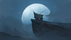 cambocreation cliff cloud full_moon house moon night no_humans original painterly scenery sky smoke star_(sky) starry_sky watermark