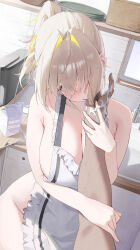 1girl absurdres apron blonde_hair blush breasts cleavage collarbone colored_inner_hair commentary elegg_(nikke) eyes_visible_through_hair finger_in_another&#039;s_mouth goddess_of_victory:_nikke groin hair_intakes high_ponytail highres holding_another&#039;s_arm huge_breasts medium_hair multicolored_hair naked_apron nikku_nana pink_eyes ponytail solo_focus symbol-only_commentary thighs two-tone_hair white_apron
