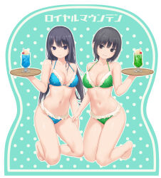 2girls aoyama_sumika bare_arms bare_legs bare_shoulders barefoot bikini black_hair blue_bikini blue_eyes breasts brown_eyes cleavage closed_mouth coffee-kizoku commentary_request food frilled_bikini frills green_bikini hair_between_eyes highres holding holding_tray ice_cream ice_cream_float kneeling long_hair medium_breasts multiple_girls navel original polka_dot polka_dot_background shiramine_rika smile swimsuit tray very_long_hair