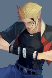 1boy belt black_gloves blonde_hair blue_eyes clenched_hands cropped_jacket facial_tattoo final_fantasy final_fantasy_viii gloves highres jacket nini_tw99 open_mouth short_sleeves simple_background smirk solo spiked_hair tattoo upper_body zell_dincht