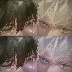 Rule 34 | 2boys, black hair, eyelashes, grey eyes, hair between eyes, hashtag-only commentary, highres, hikaru ga shinda natsu, indou hikaru, jrsm1th, looking at viewer, male focus, multiple boys, red pupils, short hair, side-by-side, tsujinaka yoshiki, white hair