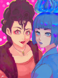2girls animification ao-illust blue_fire blue_hair blue_lips closed_mouth disneyland fiery_hair fire formal_clothes gloves highres lipstick long_sleeves looking_at_viewer makeup ms._hades mulan_(movie) multiple_girls pretty_scar short_hair simple_background