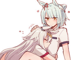 2girls alonemistrist animal_ears between_legs blue_hair blush closed_eyes closed_mouth commentary_request fujimasa_march_(umamusume) hand_on_another&#039;s_head horse_ears horse_girl hug looking_at_another multiple_girls oguri_cap_(umamusume) orange_eyes shirt short_hair short_sleeves simple_background smile umamusume umamusume:_cinderella_gray white_background white_shirt yuri