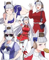 animal_ears blunt_bangs bow bridle brown_hat casual dress ear_bow ear_covers ear_ornament ear_ribbon eating facing_viewer food gold_ship_(umamusume) hat highres horse_ears horse_girl horse_tail horseshoe_ornament kayuu_(hikentai0112) looking_at_viewer lying mask mouth_mask multiple_views on_side one-piece_swimsuit pillbox_hat pointing pointing_up purple_bow red_dress running sailor_collar sailor_shirt school_uniform shirt sunglasses surgical_mask swimsuit tail taiyaki tracen_school_uniform tracen_training_uniform umamusume wagashi waving