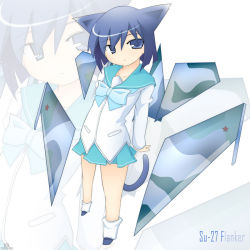 1girl aircraft airplane animal_ears blue_eyes blue_hair cat_ears cat_tail female_focus g-774 jet matching_hair/eyes mecha_musume military original russia socks solo su-27 sukezaemon_(stainless_night) tail