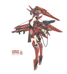 1girl absurdres armor armored_boots bare_shoulders black_gloves black_hair boots breasts brown_eyes brown_hair cable full_body gloves gun headgear highres holding holding_gun holding_weapon horns looking_at_viewer mecha_musume mechanical_legs mechanical_wings original red_eyes short_hair simple_background small_breasts solo takanashi_makino thrusters weapon white_background wings
