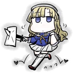 1girl blonde_hair blue_hair blue_shirt chibi clipboard cyama_land dagger double_bun fletcher_(kancolle) folded_hair gloves hair_bun headgear kantai_collection knife looking_at_viewer lowres neckerchief paper pleated_skirt sailor_collar sailor_shirt school_uniform serafuku shirt skirt solo thighhighs weapon white_gloves white_sailor_collar white_skirt white_thighhighs yellow_neckerchief