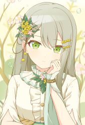 1girl center_frills commentary_request flower frilled_shirt_collar frills green_eyes grey_hair hair_flower hair_ornament hairclip hand_on_own_cheek hand_on_own_face head_tilt highres hinomori_shiho ixia_(ixia424) koukyou_suru_machi_no_katasumi_de_(project_sekai) long_hair looking_at_viewer official_alternate_costume official_alternate_hair_length official_alternate_hairstyle project_sekai solo upper_body water_drop