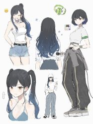 Rule 34 | ..., 2girls, bare shoulders, belt, bikini, black hair, blue hair, blush, breasts, brown eyes, cleavage, closed eyes, closed mouth, clothes around waist, earrings, gradient hair, grin, highres, jewelry, long hair, looking at viewer, medium breasts, microphone, midriff, multicolored hair, multiple girls, multiple views, navel, pants, ponytail, project sekai, shiaknl, shiraishi an, shirt, shoes, short hair, short shorts, shorts, simple background, smile, star (symbol), sweat, swimsuit, twintails, v, white background, white shirt, wristband