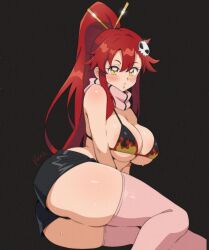 1girl artist_name ass bare_shoulders bikini bikini_top_only black_bikini black_shorts blush breasts cleavage commentary dark_background feet_out_of_frame flame_print hair_ornament hair_stick highres large_breasts leaning_forward long_hair looking_at_viewer lying navel on_side parted_lips pink_scarf pink_thighhighs red_hair scarf short_shorts shorts sidelocks simple_background skull_hair_ornament smile solo standing swimsuit tengen_toppa_gurren_lagann thighhighs vizaz yellow_eyes yoko_littner